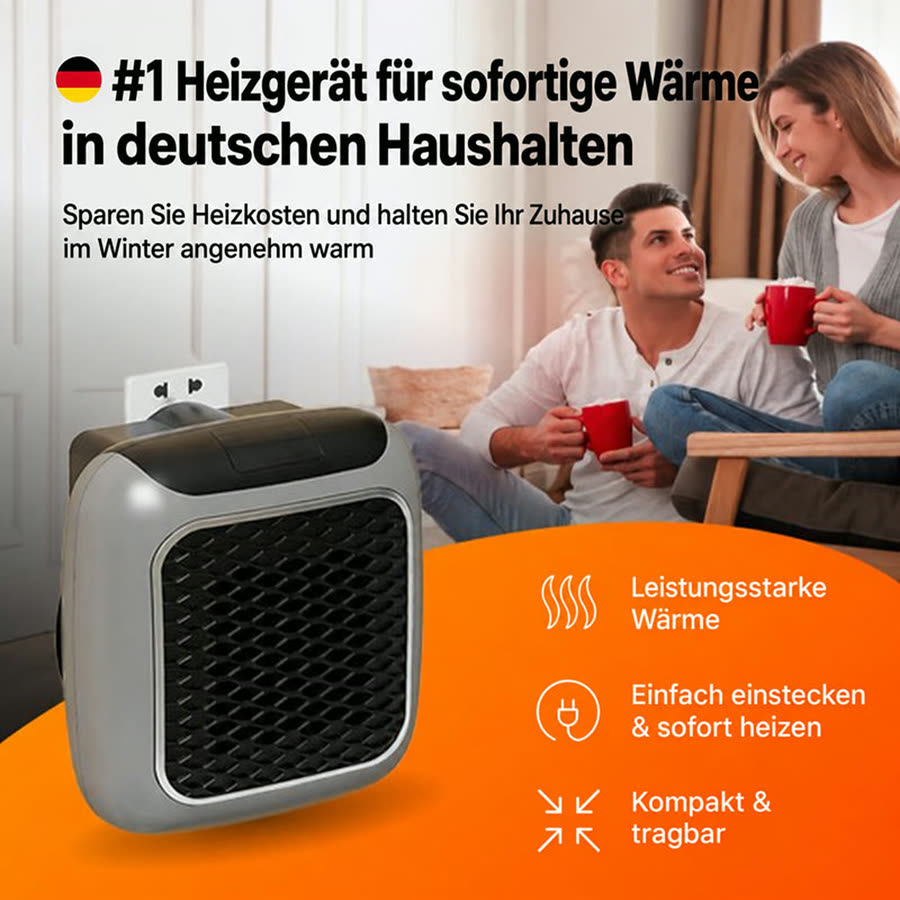 Paar sitzt in einem warmen Wohnzimmer neben dem eingesteckten WarmNook Eco